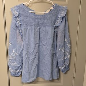 LOFT Light Blue Blouse with White Embroidery